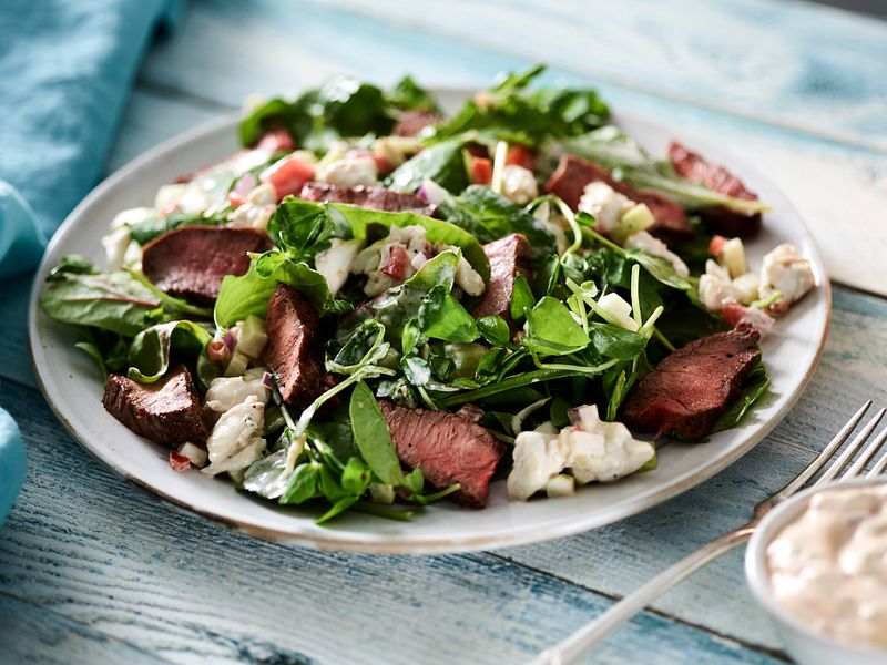 beef flat iron steak salad with remoulade sauce hero