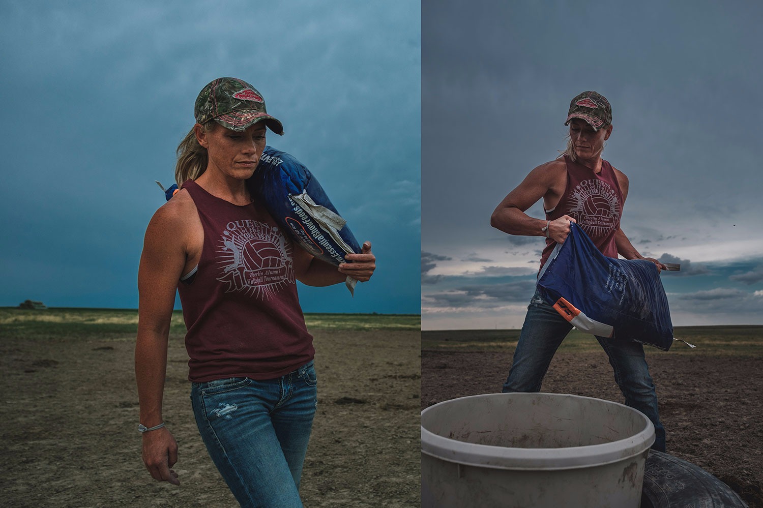 Kansas rancher giving nutrition to cattle by feeding mineral supplement cow