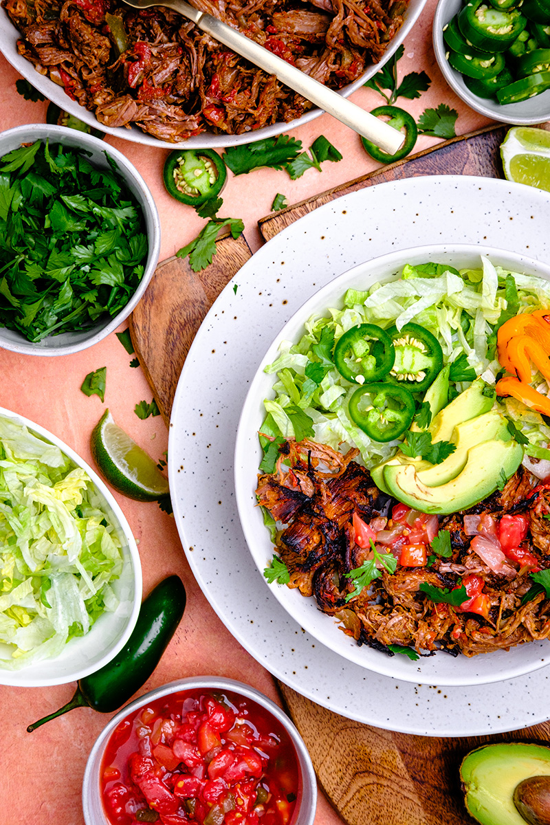 Mexican inspired shredded beef recipe for tacos and burrito bowls