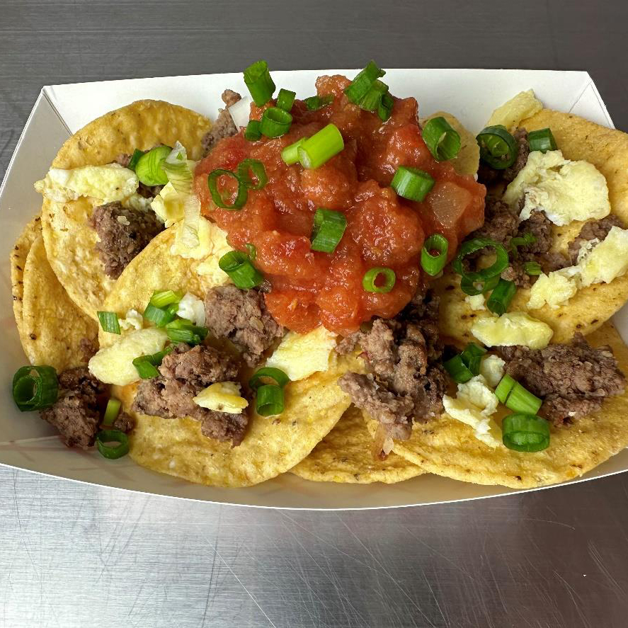 square breakfast beef nachos